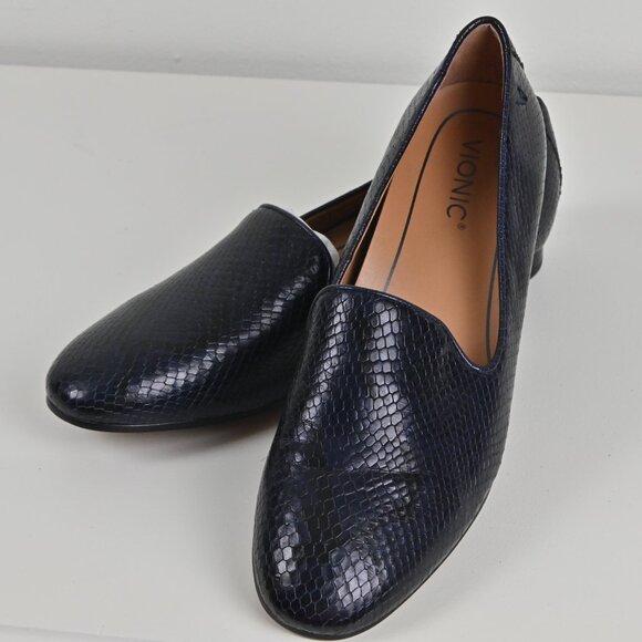 Vionic Willa Boa Leather Snake Print Handmade Slip On Casual Navy Flats US10 UK8 - Picture 1 of 16